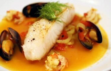 Chilean Sea Bass with Clams, Mussels, and Tomatoes from Roberto’s Restaurant